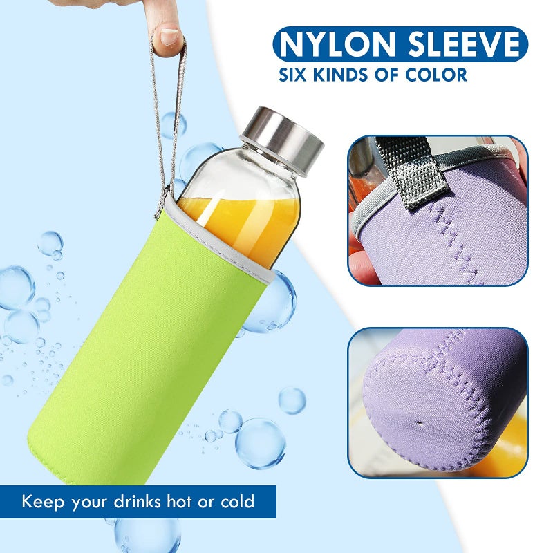 YEBODA Glass Water Bottles 18oz Bottles For Beverage and Juicer Use Stainless Steel Caps - Including Colorful Nylon Protection Sleeve,Pack Of 6 - Image 5